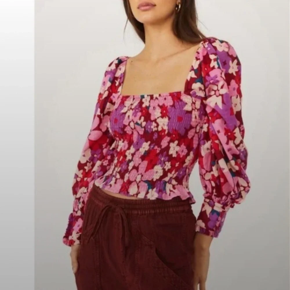 Free People Ariana Floral Smocked Puff Sleeve Top Small